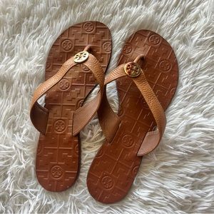 Tory Burch Thora Brown Leather Strap Flip Flops